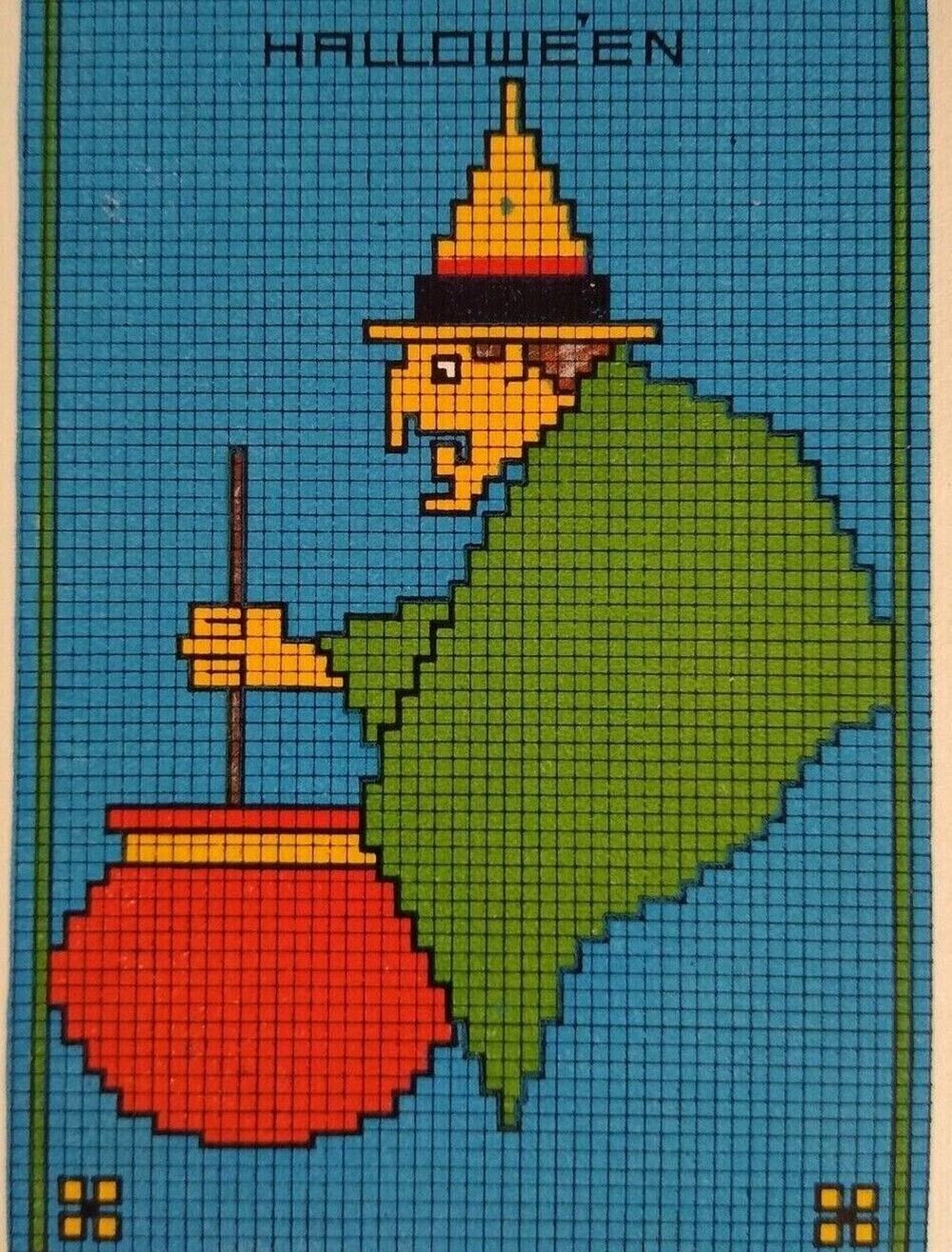 Halloween Postcard Checkered Witch Fantasy Cauldron Grid Pattern Gibson 6936